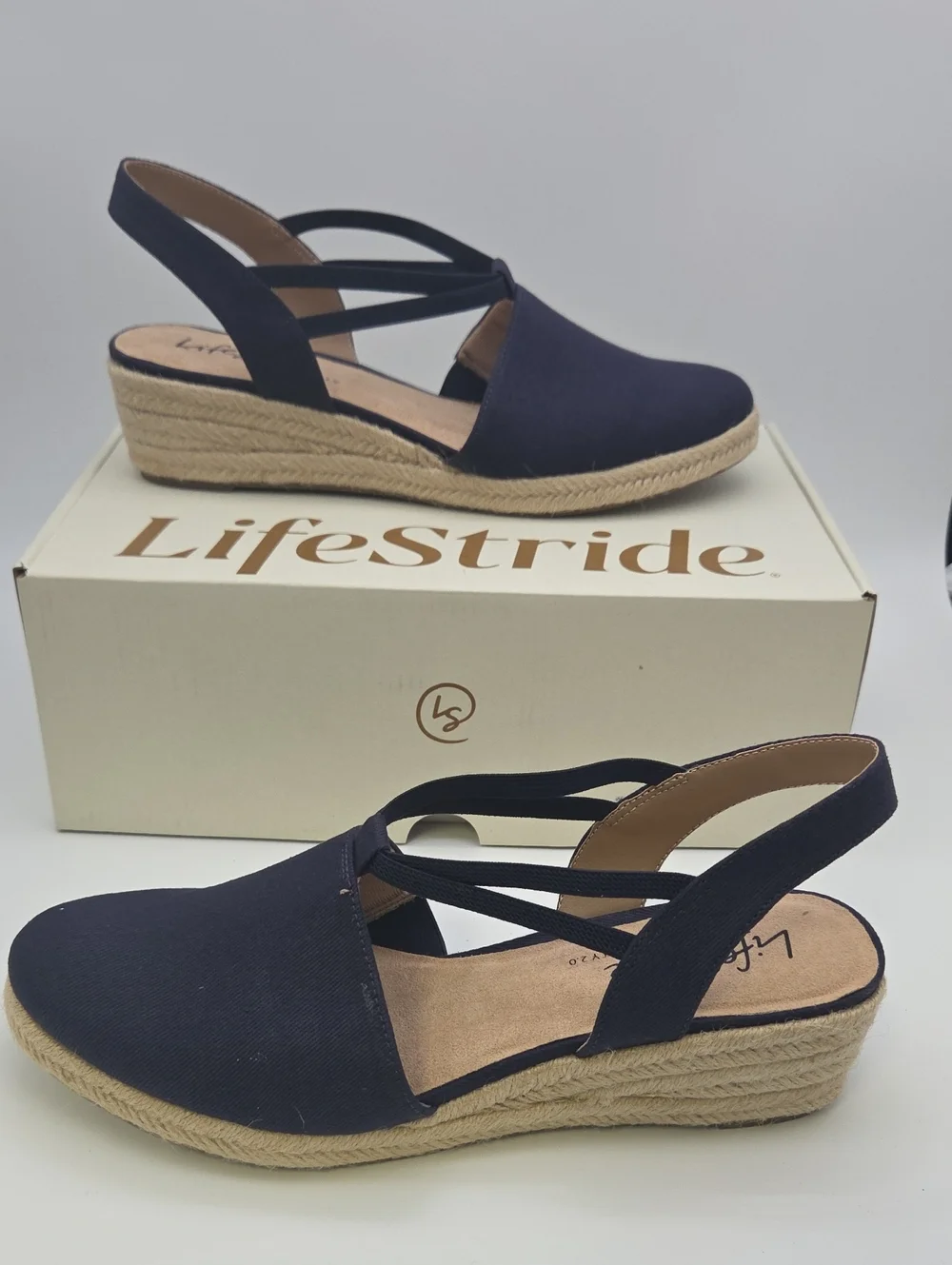 Life Stride Navy Crisscross Slingback Espadrille Wedge